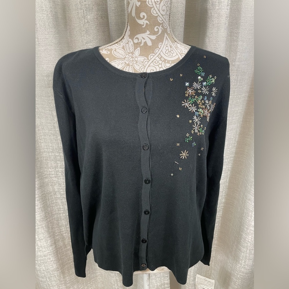 Karen Lessly Black Embellished Beaded Cardigan Sweater Women’s Plus 1 - Picture 3 of 5